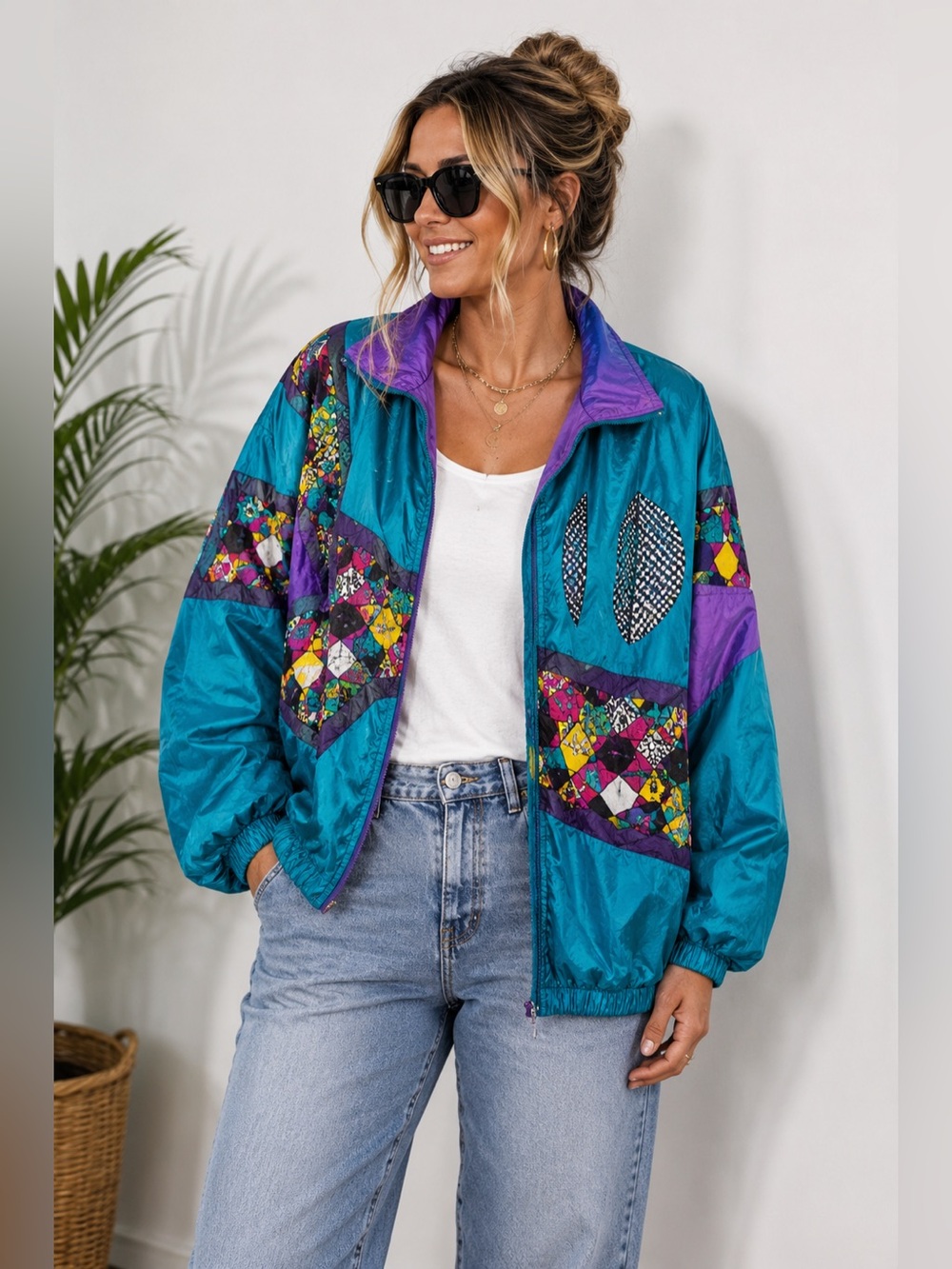 Vintage Lady Lavon Teal Purple Colorblock Windbreaker Jacket 80s 90s
